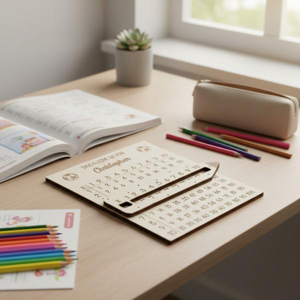 Personalisiertes 1x1‑Lernbrett aus Holz mit graviertem Namen und passender Lesehilfe im Bleistift‑Design.
